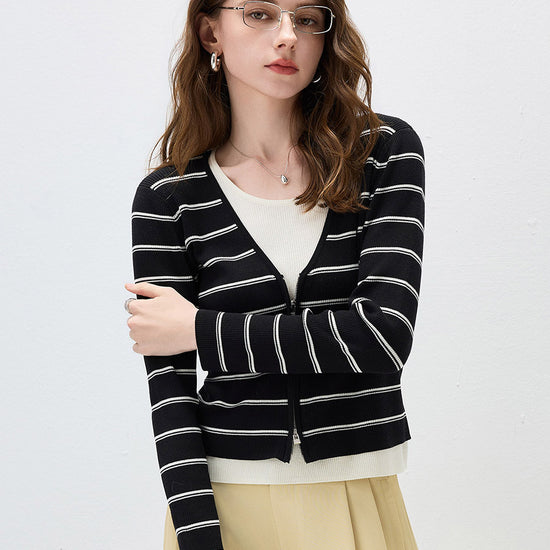 COMOBOCA Black Women's Striped Ribbed Knit Faux 2-in-1 Zip Cardigan