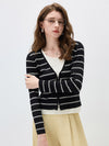 COMOBOCA Black Women's Striped Ribbed Knit Faux 2-in-1 Zip Cardigan