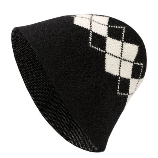 COMOBOCA Black 100% Cashmere Women's Argyle Pattern Knit Bucket Hat