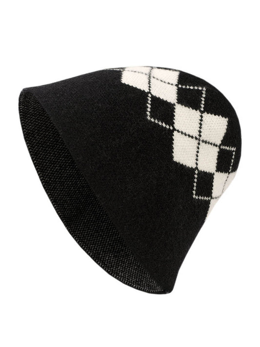 COMOBOCA Black 100% Cashmere Women's Argyle Pattern Knit Bucket Hat