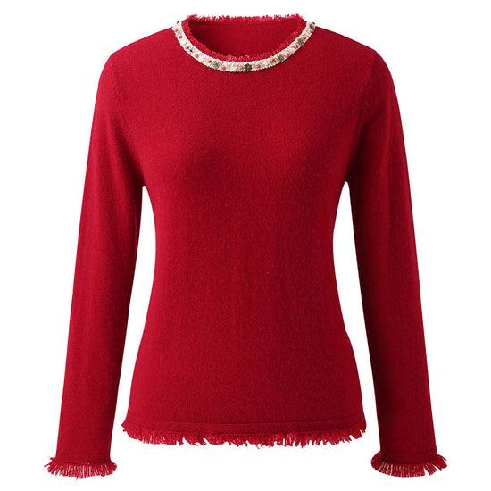 COMOBOCA 100% Cashmere Women's Fringed Hem Floral Sweater