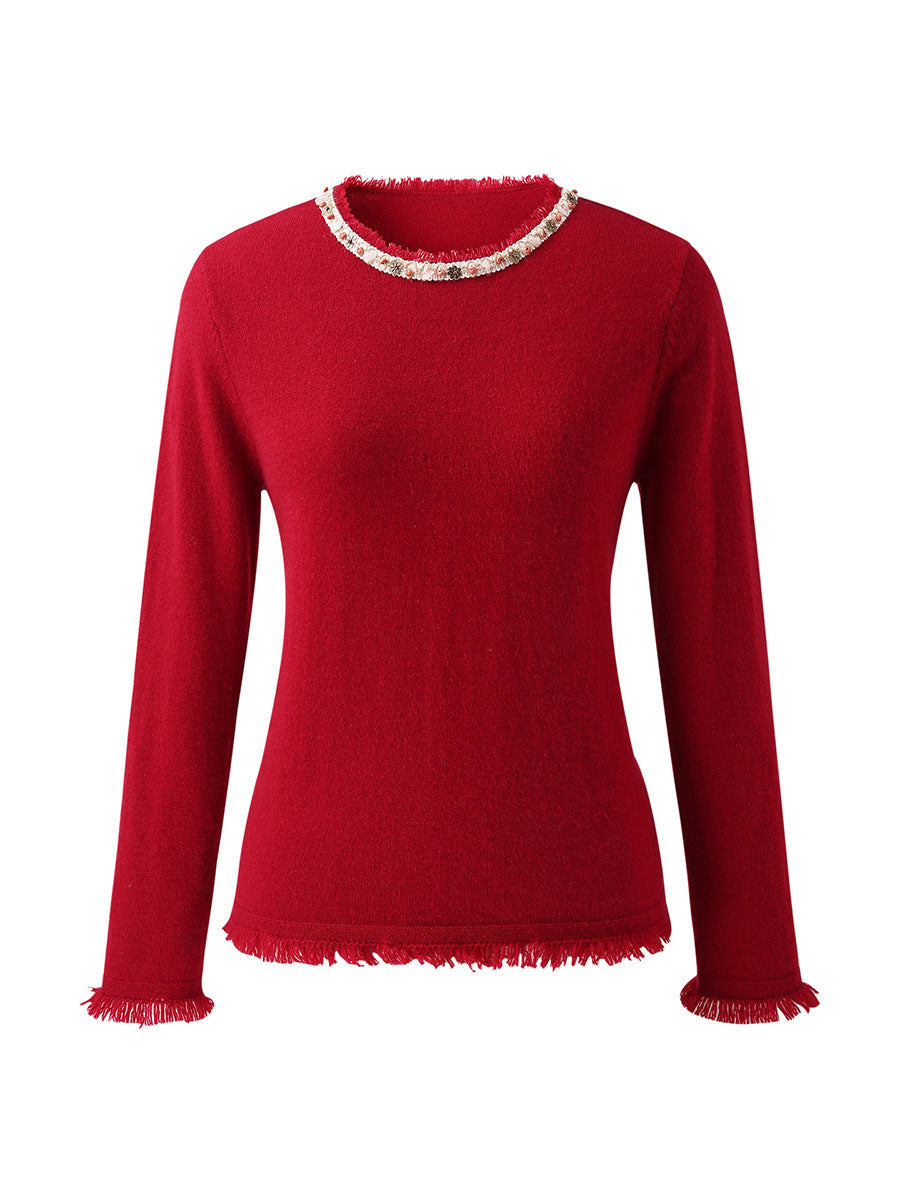 COMOBOCA 100% Cashmere Women's Fringed Hem Floral Sweater