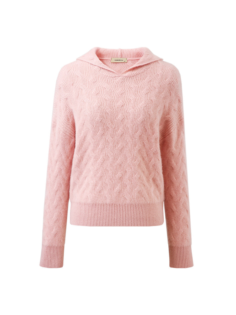 COMOBOCA 100% Cashmere Women's Cable Knit Hooded Sweater