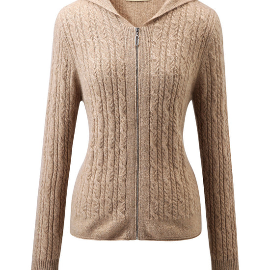 COMOBOCA 100% Cashmere Women's Cardigan Cable Knit Hoodie