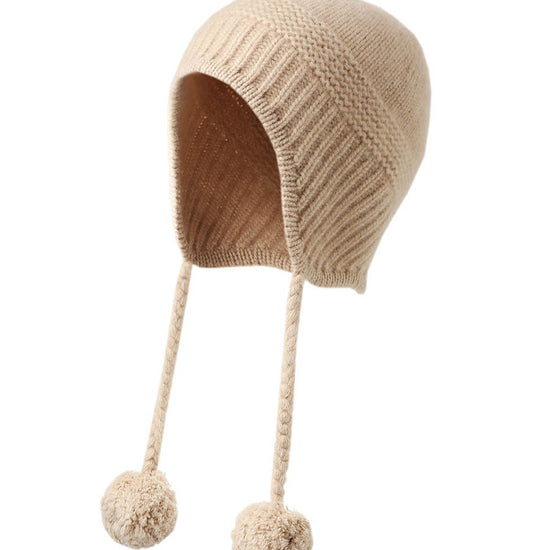 COMOBOCA Beige 100% Cashmere Women's Ear Flap Beanie with Pom-Poms