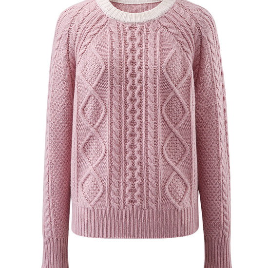 COMOBOCA 100% Wool Women's Contrast Color Cable Knit Sweater