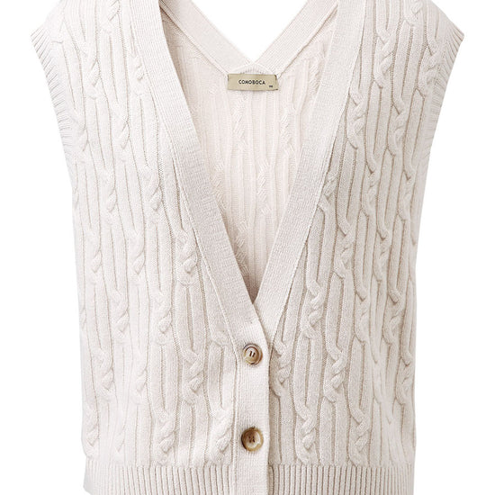 COMOBOCA 100% Wool Women's Cable Knit Button-Front Vest