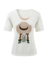 Women's mulberry Silk Knit Top with Patterned Jacquard & U-Neck