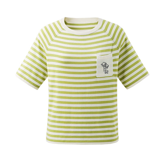 COMOBOCA Women's Striped Embroidered Pocket Knit T-Shirt
