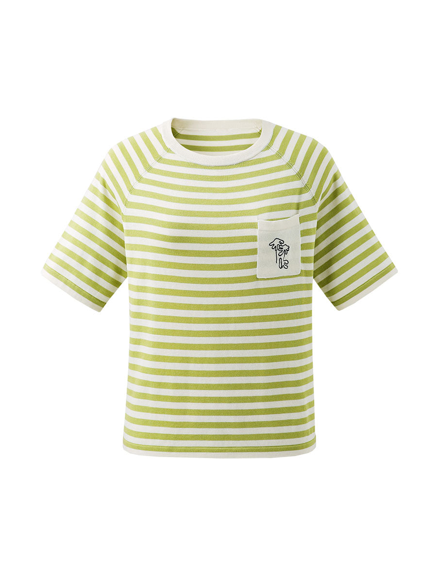 COMOBOCA Women's Striped Embroidered Pocket Knit T-Shirt