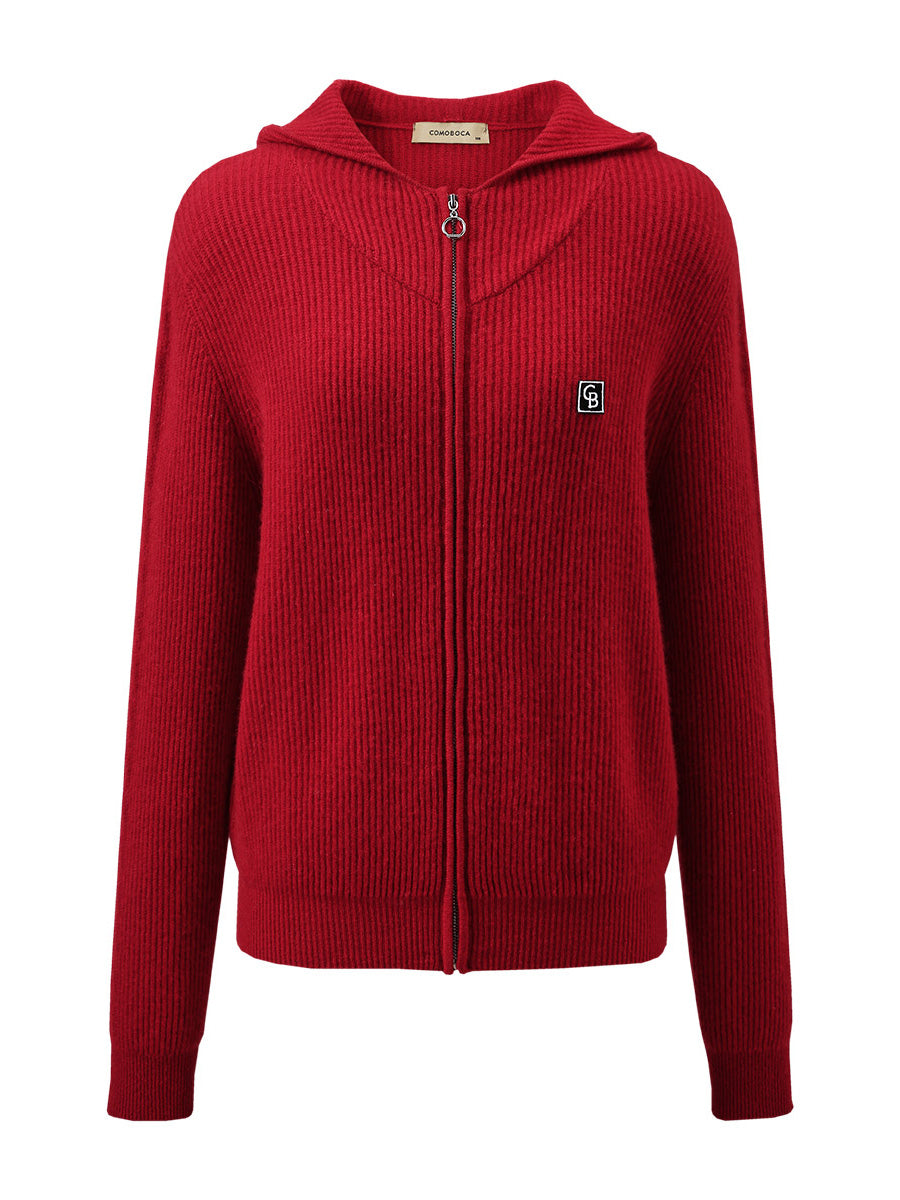 COMOBOCA 100% Cashmere Women's Ribbed Zip Knit Cardigan Hoodie