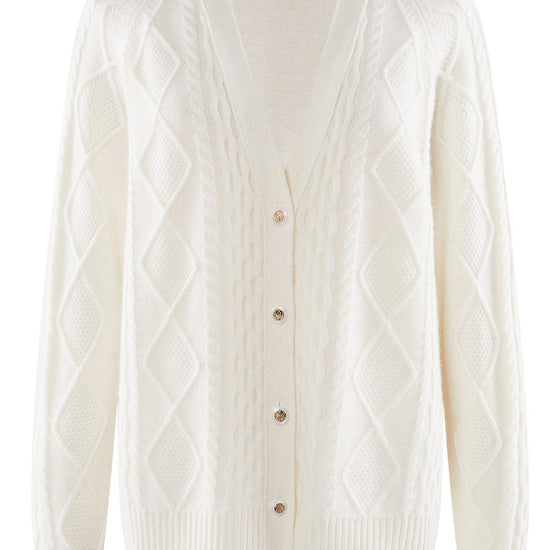 COMOBOCA 100% Cashmere Women's V-Neck Cable Knit Cardigan