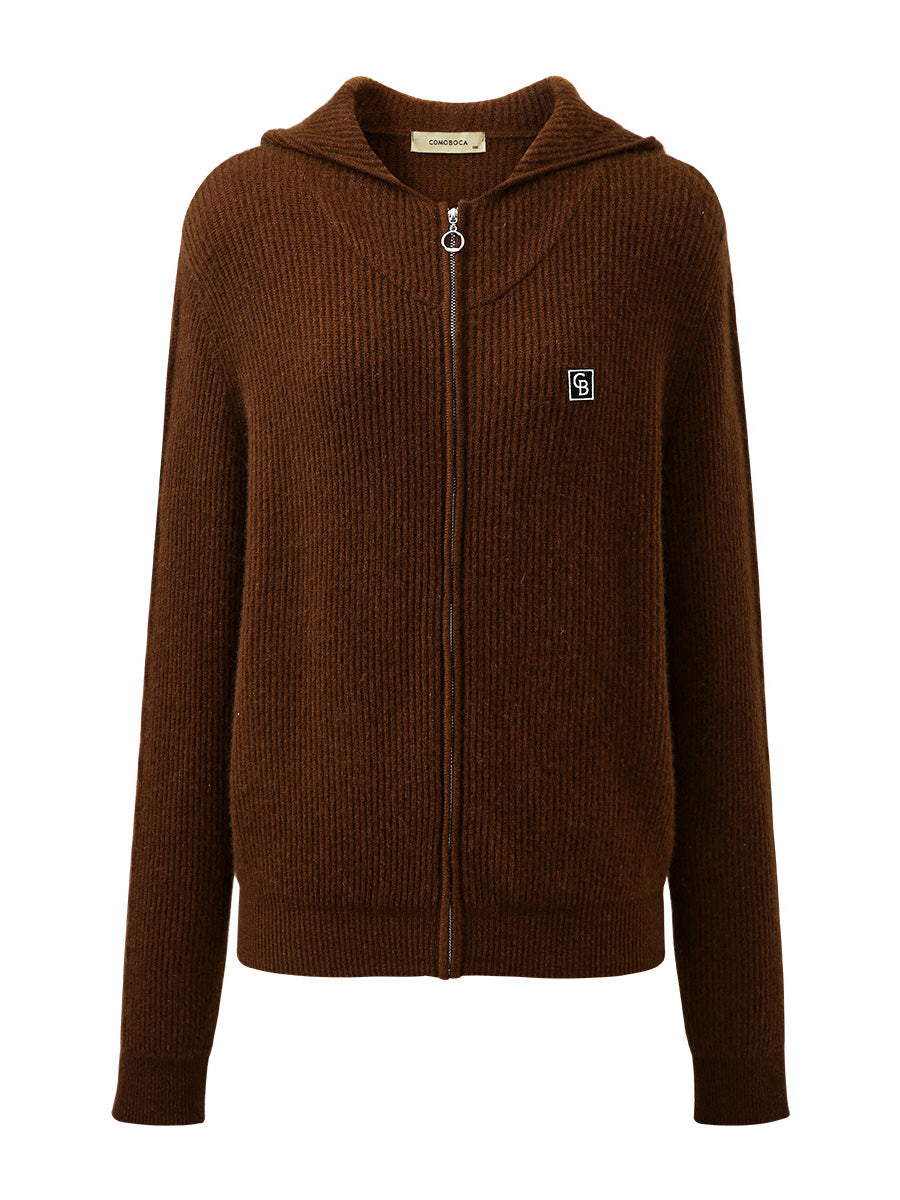 COMOBOCA 100% Cashmere Women's Ribbed Zip Knit Cardigan Hoodie
