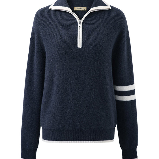 COMOBOCA 100% Cashmere Women's Contrast Trim Zip Sweater
