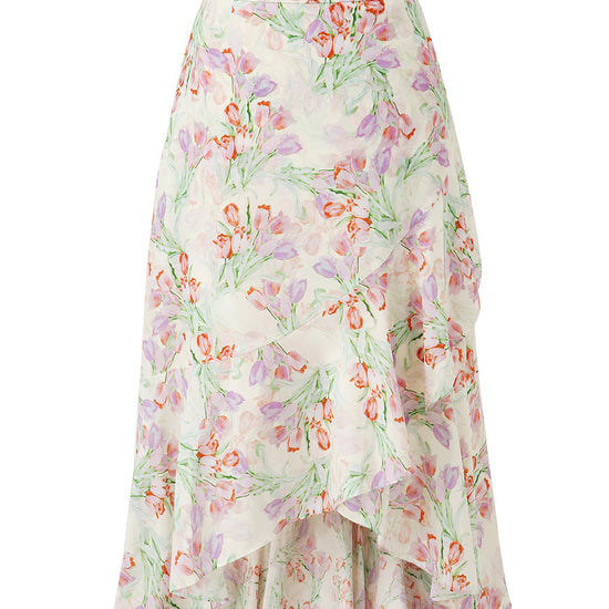 COMOBOCA 100% Mulberry Silk Women's Floral Ruffle Midi Skirt