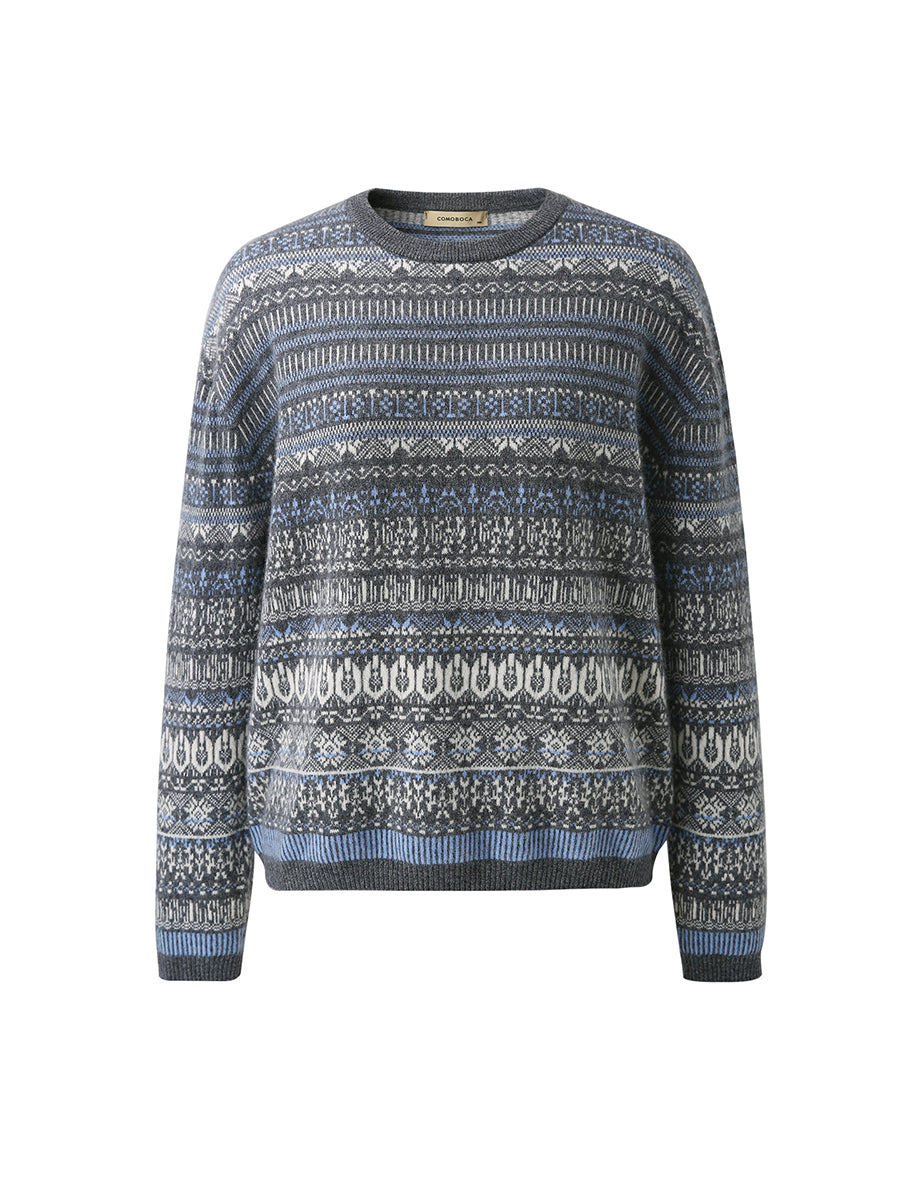 COMOBOCA 100% Cashmere Women's Fair Isle Round Neck Sweater