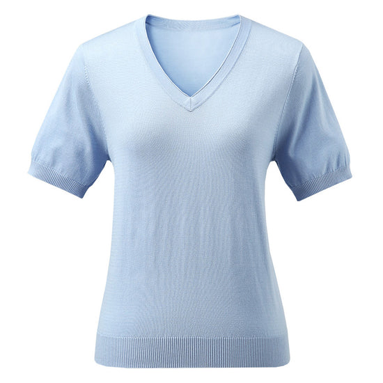 COMOBOCA Women's Lyocell V-Neck Ribbed Knit T-Shirt