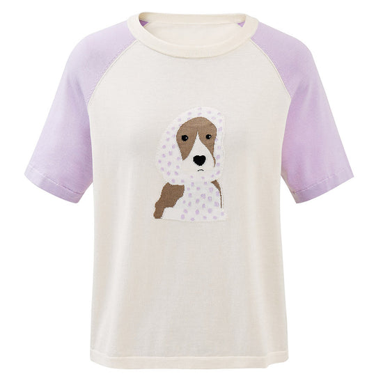 COMOBOCA Women's Puppy Intarsia Raglan Sleeve Knit T-Shirt