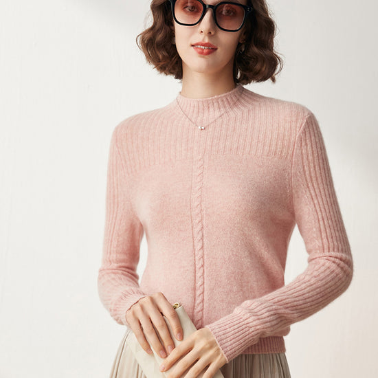 COMOBOCA XL PINK 100% Cashmere Women's Mock Neck Cable Knit Sweater