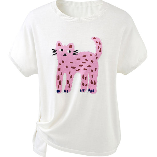 COMOBOCA Women's Leopard Cat Embroidered Knit T-Shirt