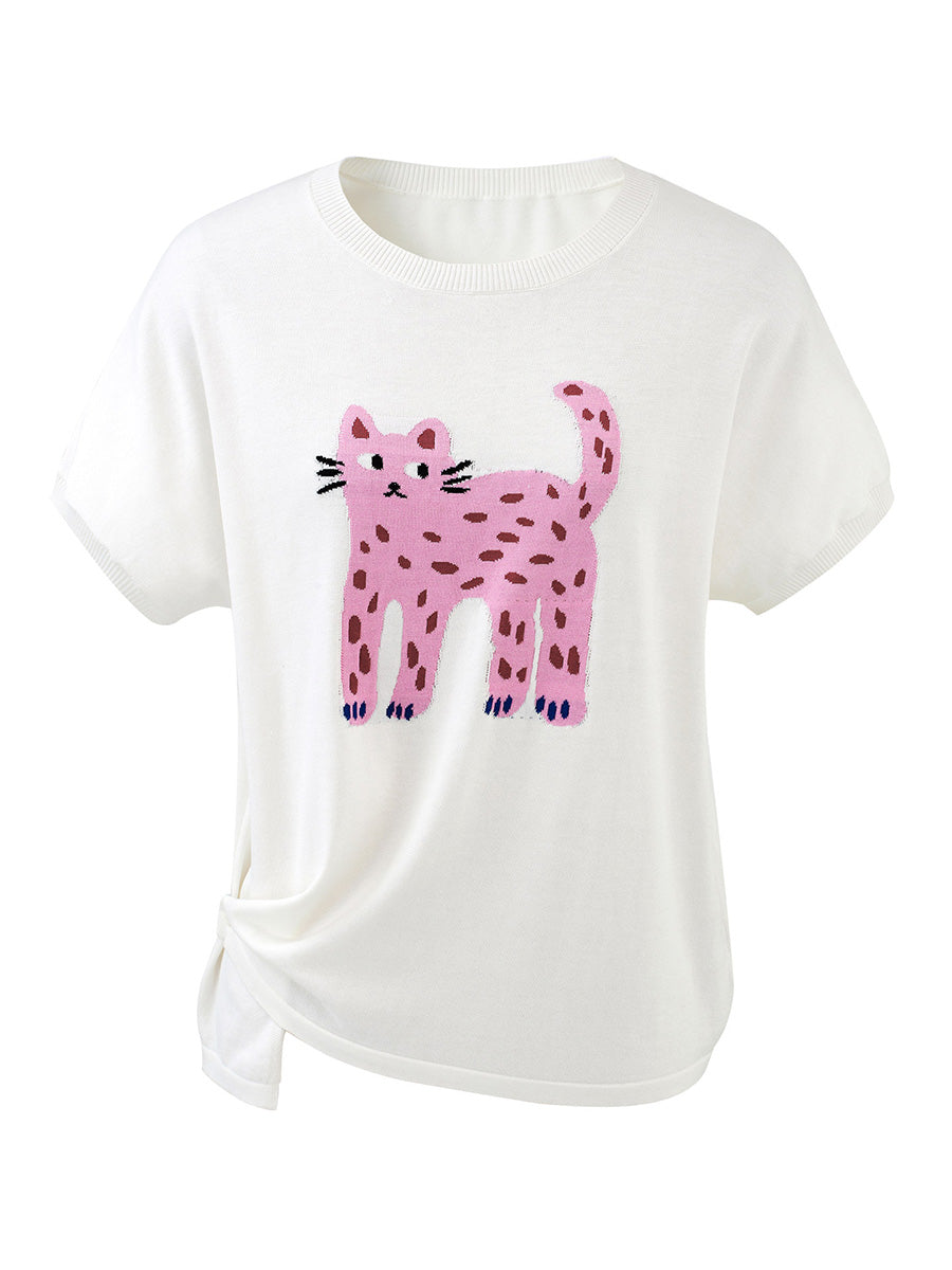 COMOBOCA Women's Leopard Cat Embroidered Knit T-Shirt
