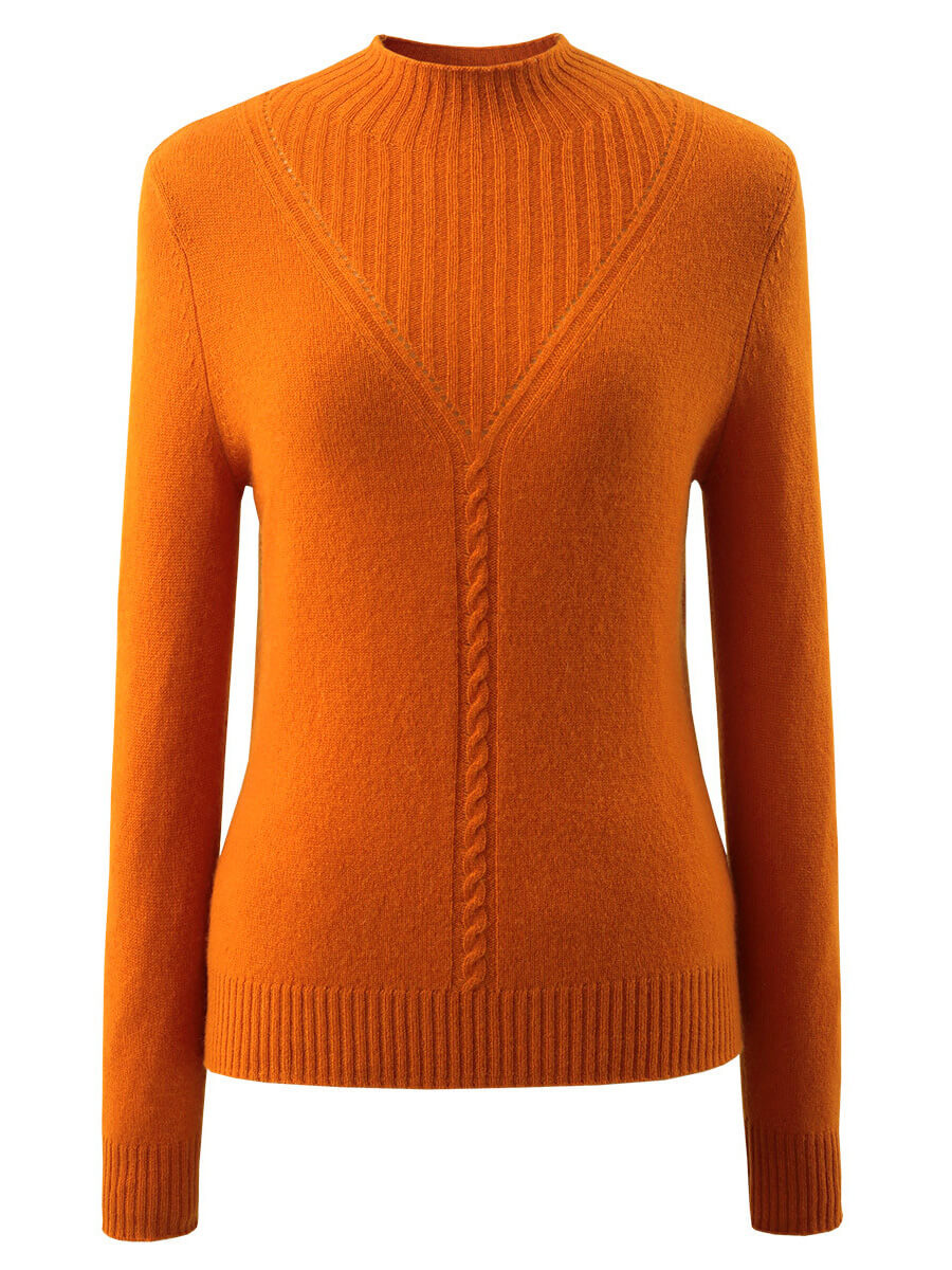 COMOBOCA ORANGE 100% Cashmere Mock Neck Ribbed Knit Sweater