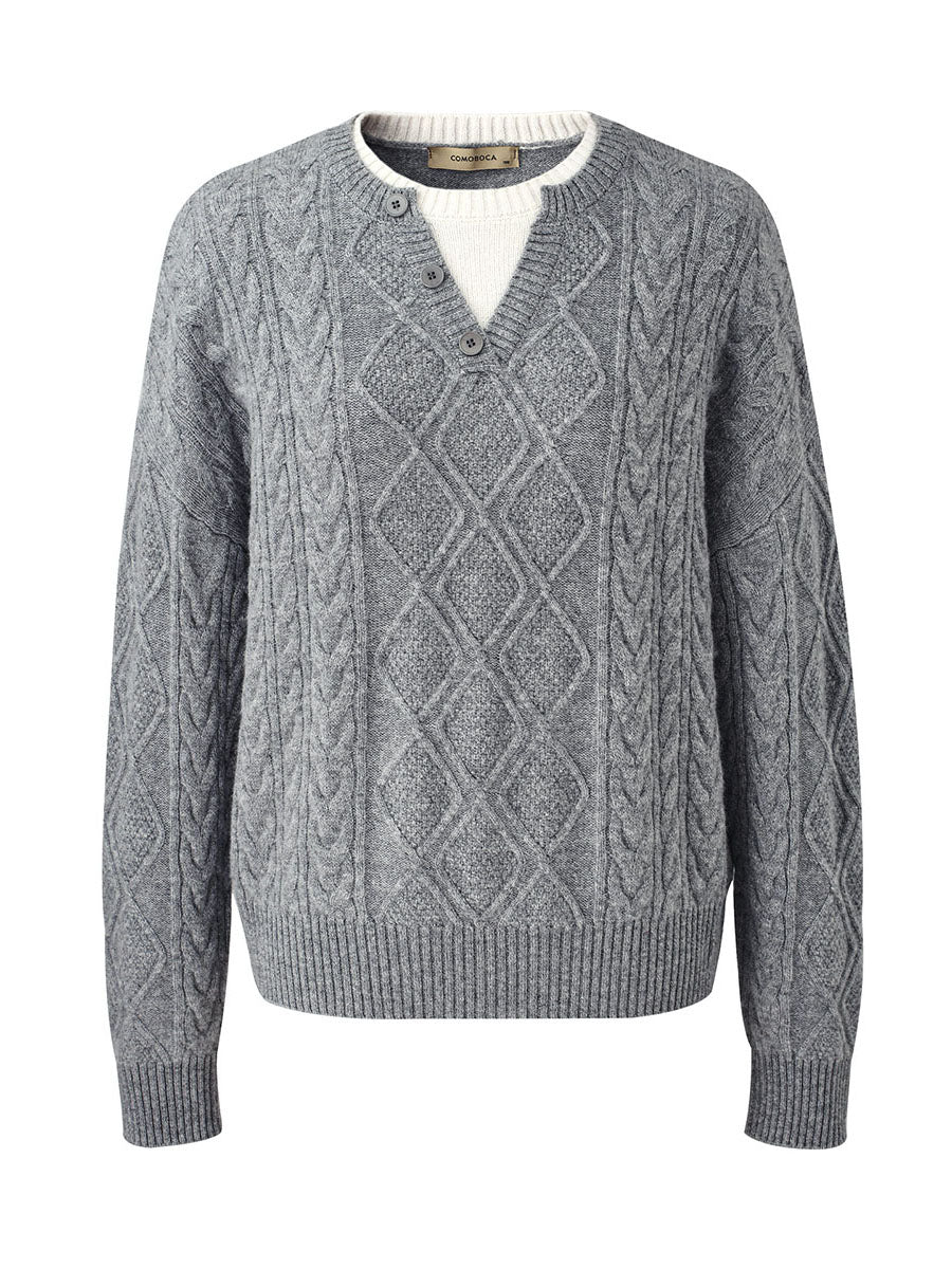 COMOBOCA 100% Wool Women's V-Neck Cable Knit Sweater
