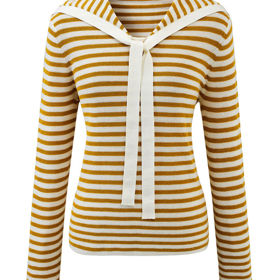 COMOBOCA Women's Striped Sailor Collar Tie Front Knit Sweater
