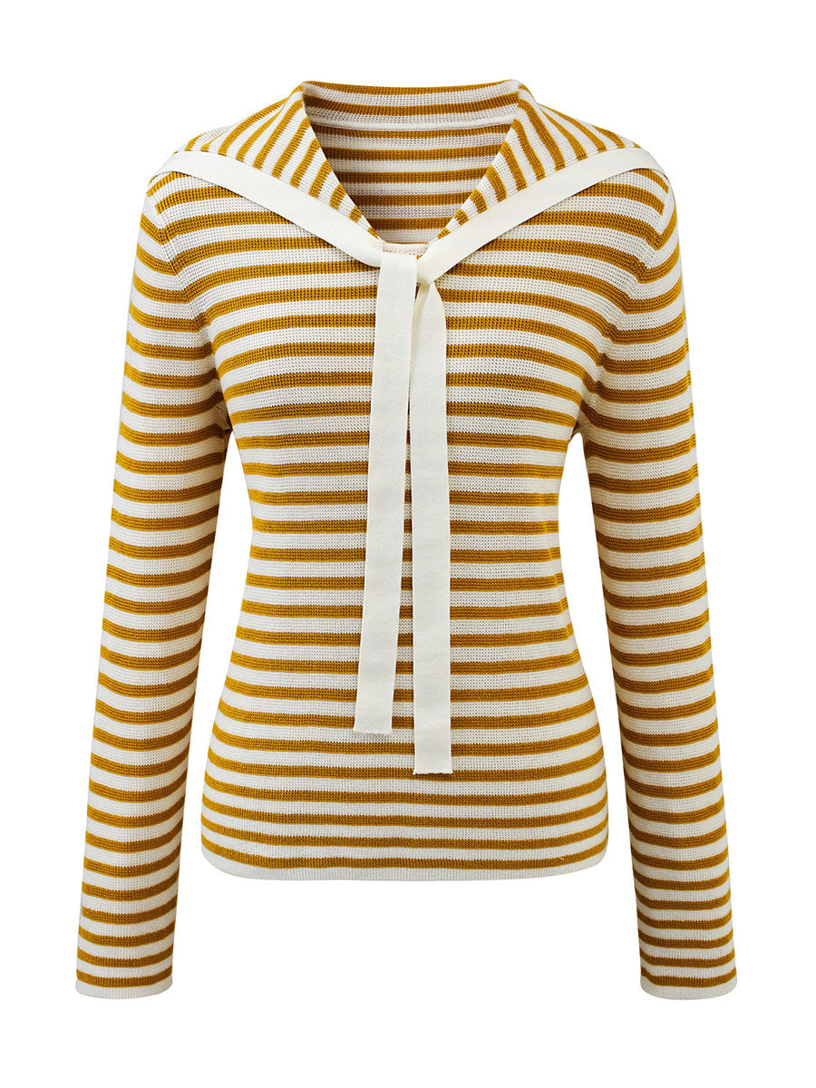 COMOBOCA Women's Striped Sailor Collar Tie Front Knit Sweater