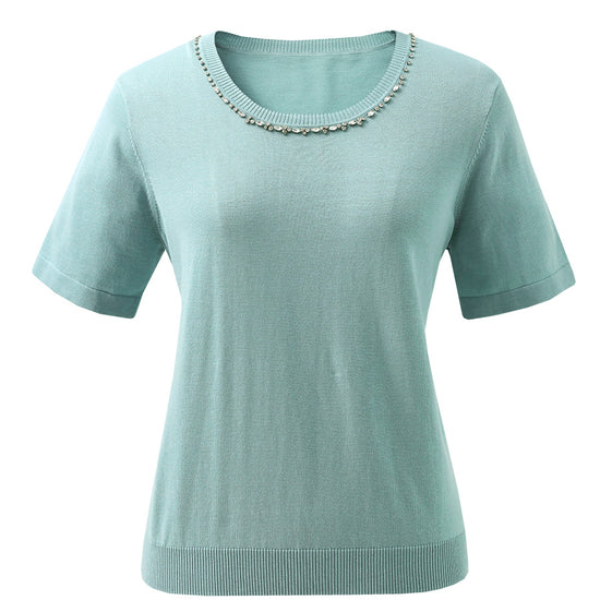 COMOBOCA Women's Cotton Silk Jeweled Neckline T-Shirt