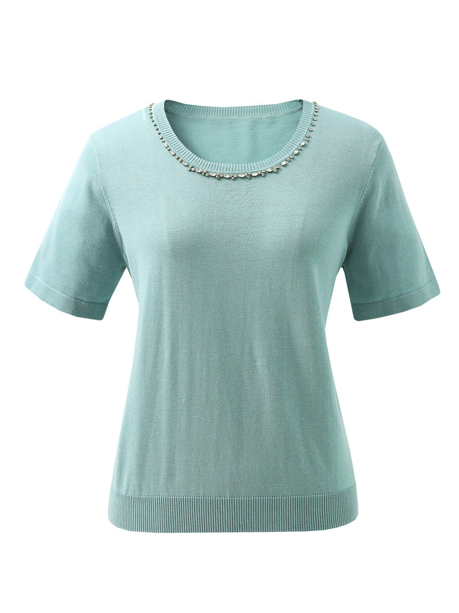 COMOBOCA Women's Cotton Silk Jeweled Neckline T-Shirt