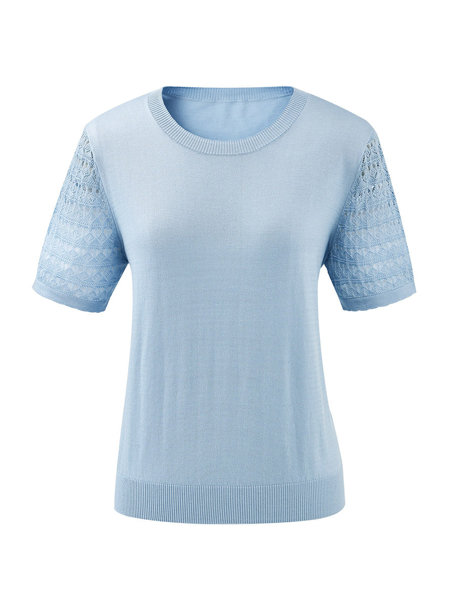 COMOBOCA Women's Lace Round Neck Knit T-Shirt