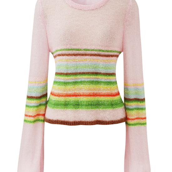 COMOBOCA Women's Rainbow Striped Flared Sleeve Sweater