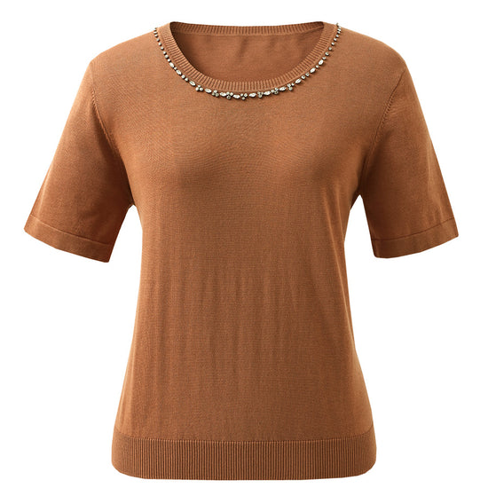 COMOBOCA Women's Cotton Silk Jeweled Neckline T-Shirt