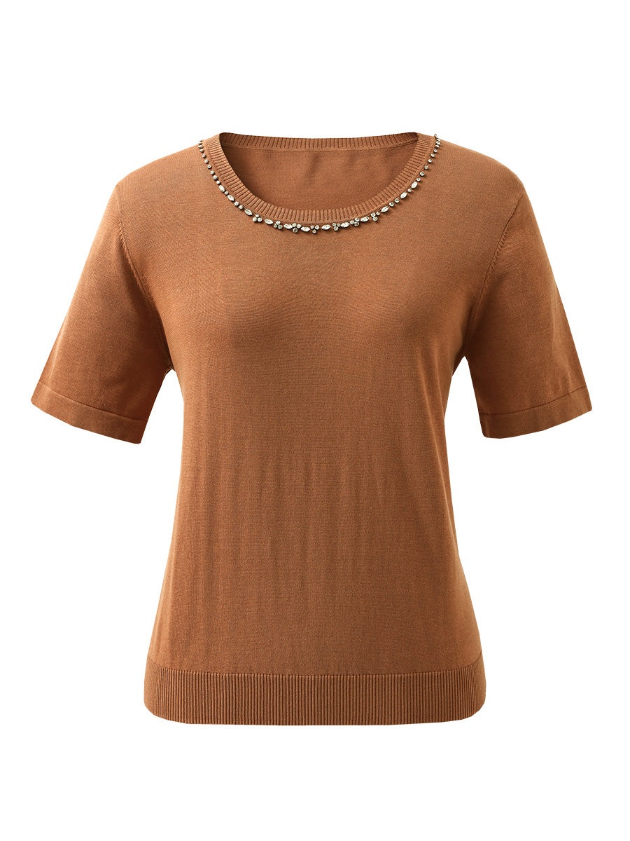 COMOBOCA Women's Cotton Silk Jeweled Neckline T-Shirt