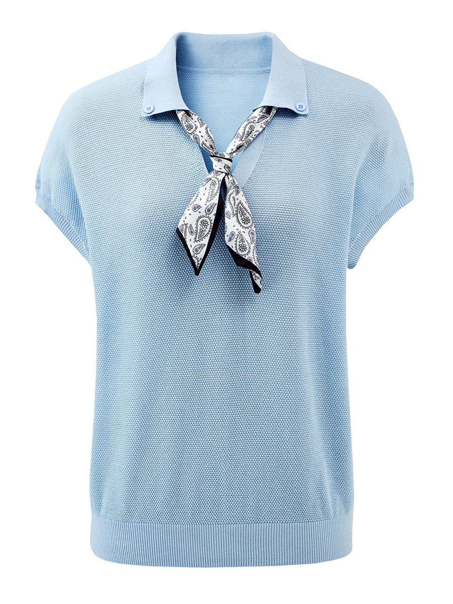 COMOBOCA Women's Paisley Scarf Polo Collar Waffle Knit T-Shirt