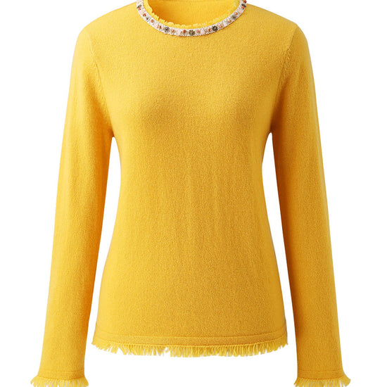 COMOBOCA 100% Cashmere Women's Fringed Hem Floral Sweater