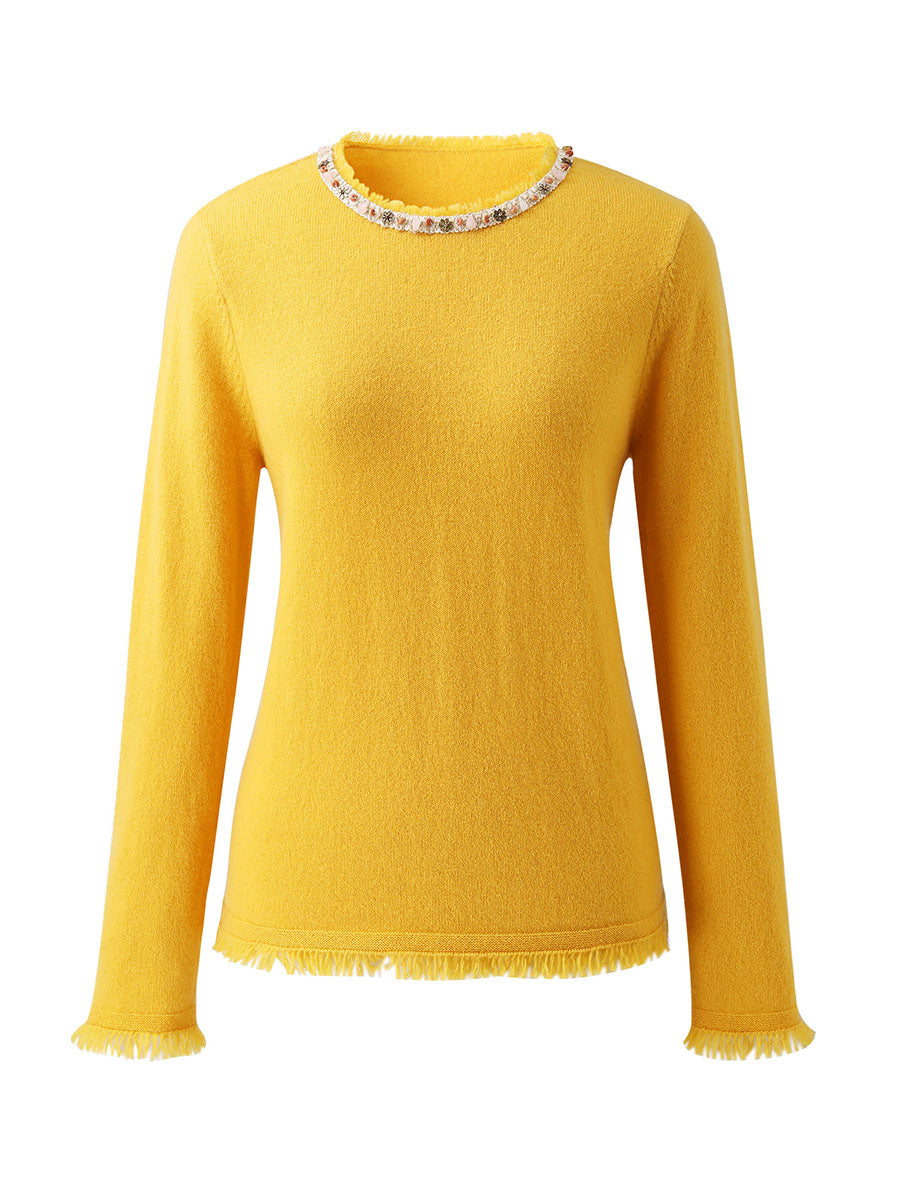 COMOBOCA 100% Cashmere Women's Fringed Hem Floral Sweater