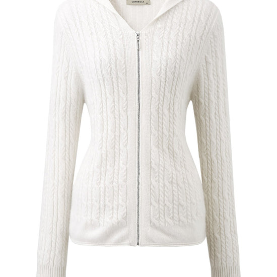 COMOBOCA 100% Cashmere Women's Cardigan Cable Knit Hoodie