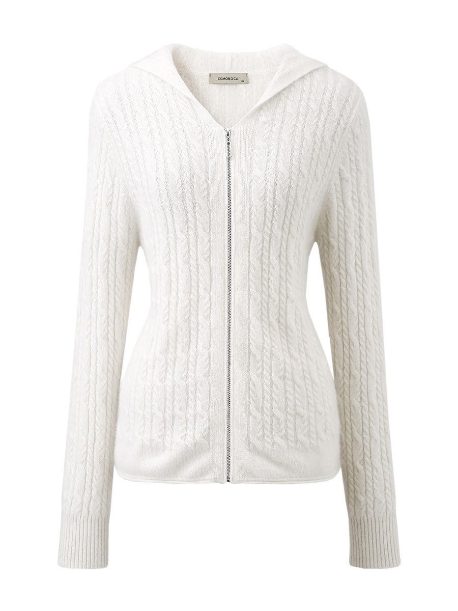 COMOBOCA 100% Cashmere Women's Cardigan Cable Knit Hoodie