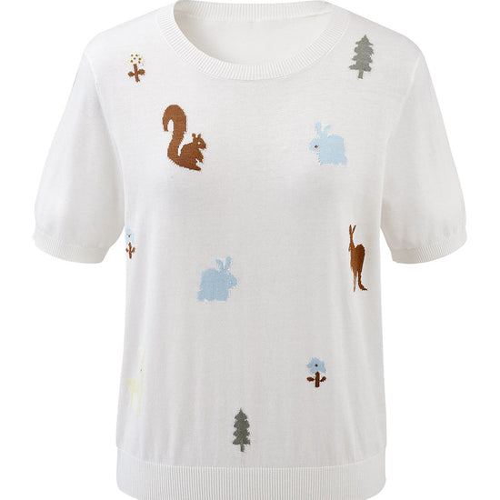 COMOBOCA Women's Forest Animal Intarsia Knit T-Shirt