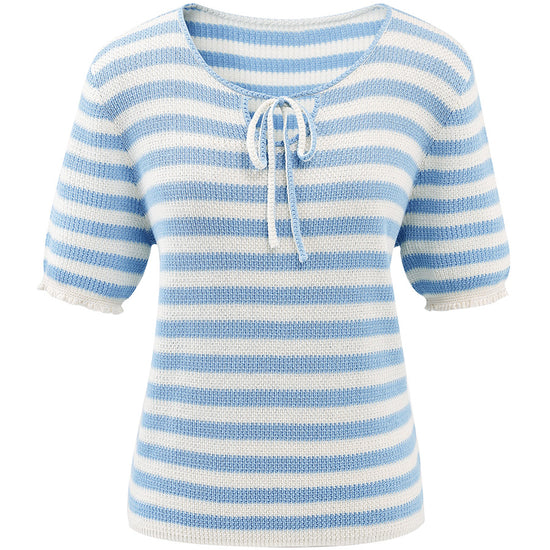 COMOBOCA Women's Tie-Neck Striped Knit T-Shirt
