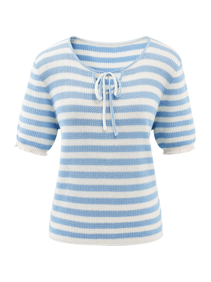 COMOBOCA Women's Tie-Neck Striped Knit T-Shirt