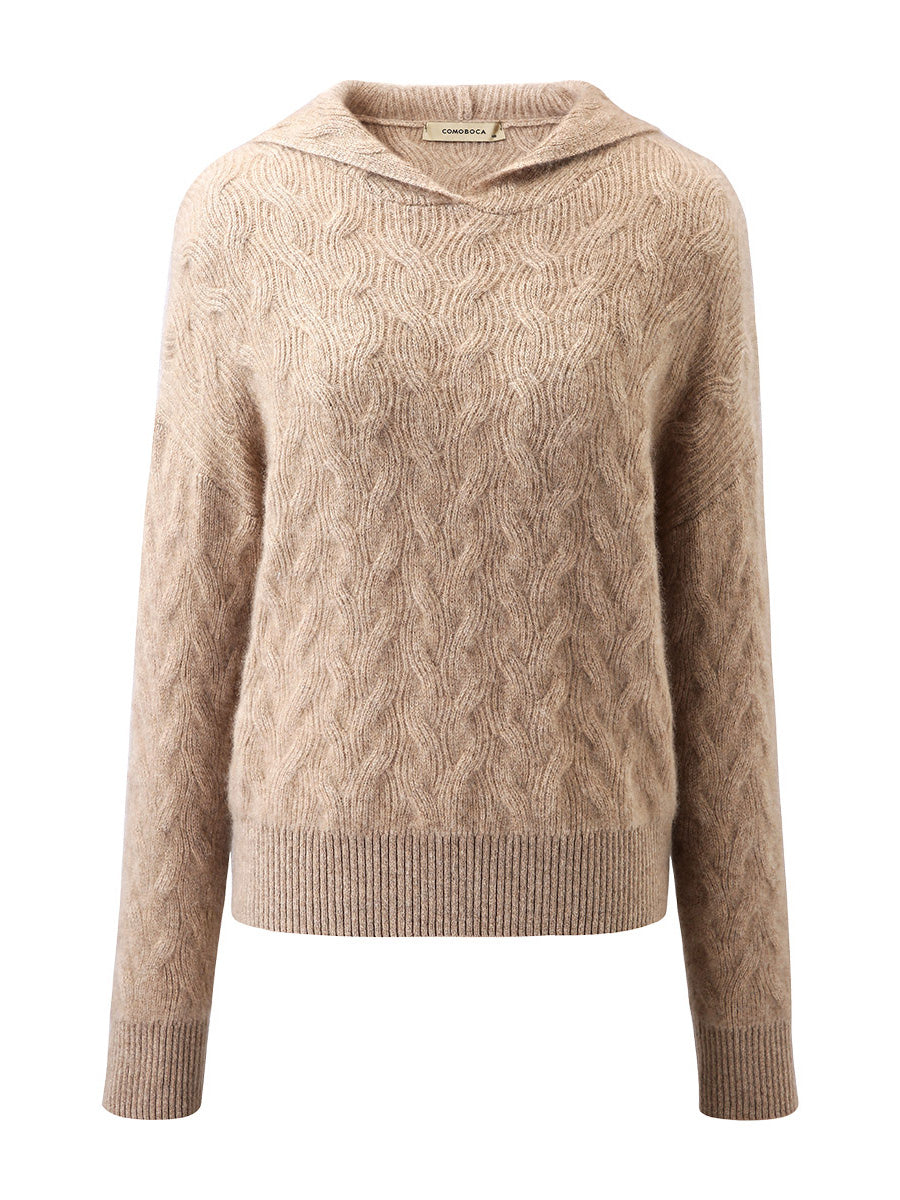 COMOBOCA 100% Cashmere Women's Cable Knit Hooded Sweater