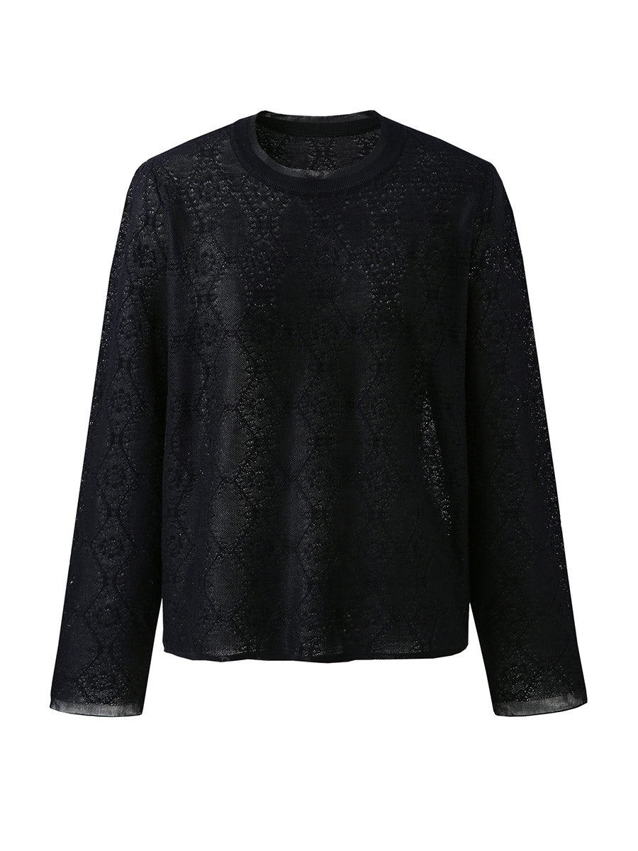COMOBOCA Women's Textured Sheer Knit Round Neck Sweater