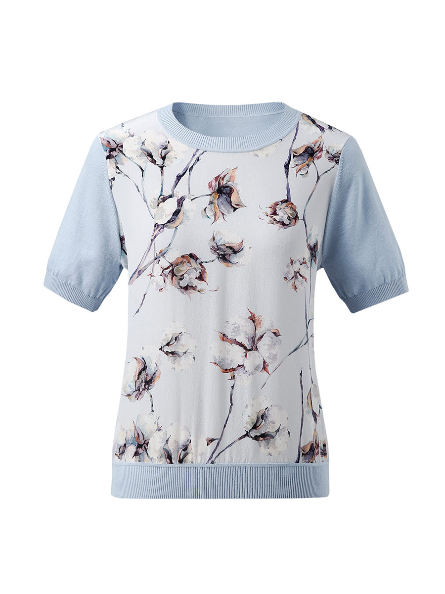 COMOBOCA Women's Cotton Silk Floral Ribbed Print Knit T-Shirt