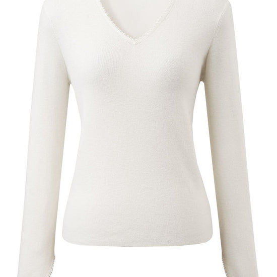 COMOBOCA 100% Wool Women's V-Neck With Pearl Accents Sweater