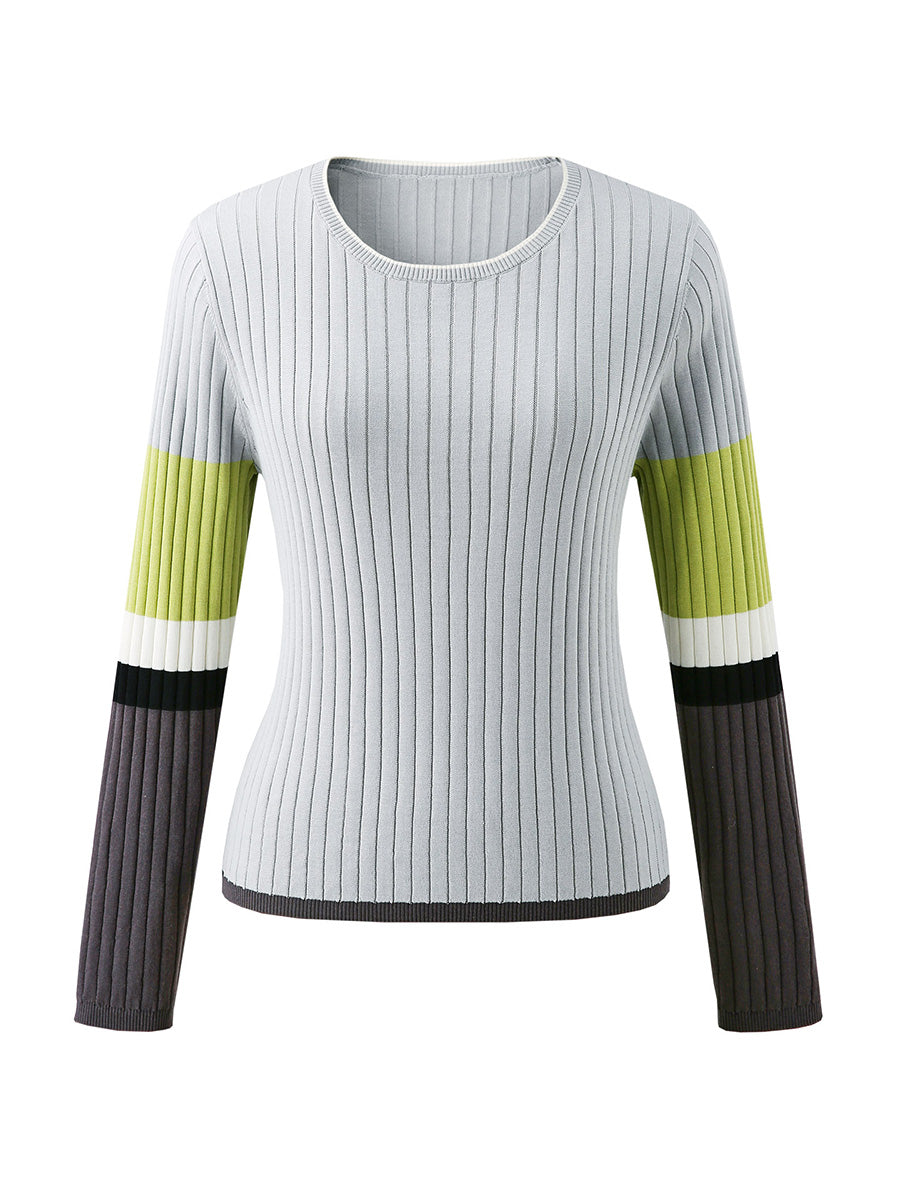 COMOBOCA Women's Ribbed Color Block Round Neck Knit Sweater