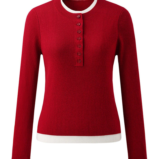 COMOBOCA Women's Ribbed Contrast Trim Henley Knit Sweater