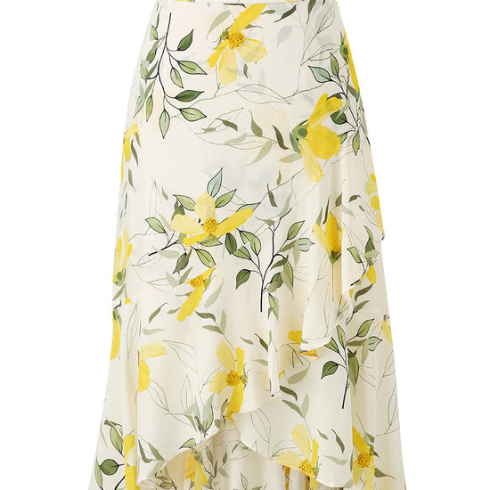 COMOBOCA 100% Mulberry Silk Women's Floral Ruffle Midi Skirt